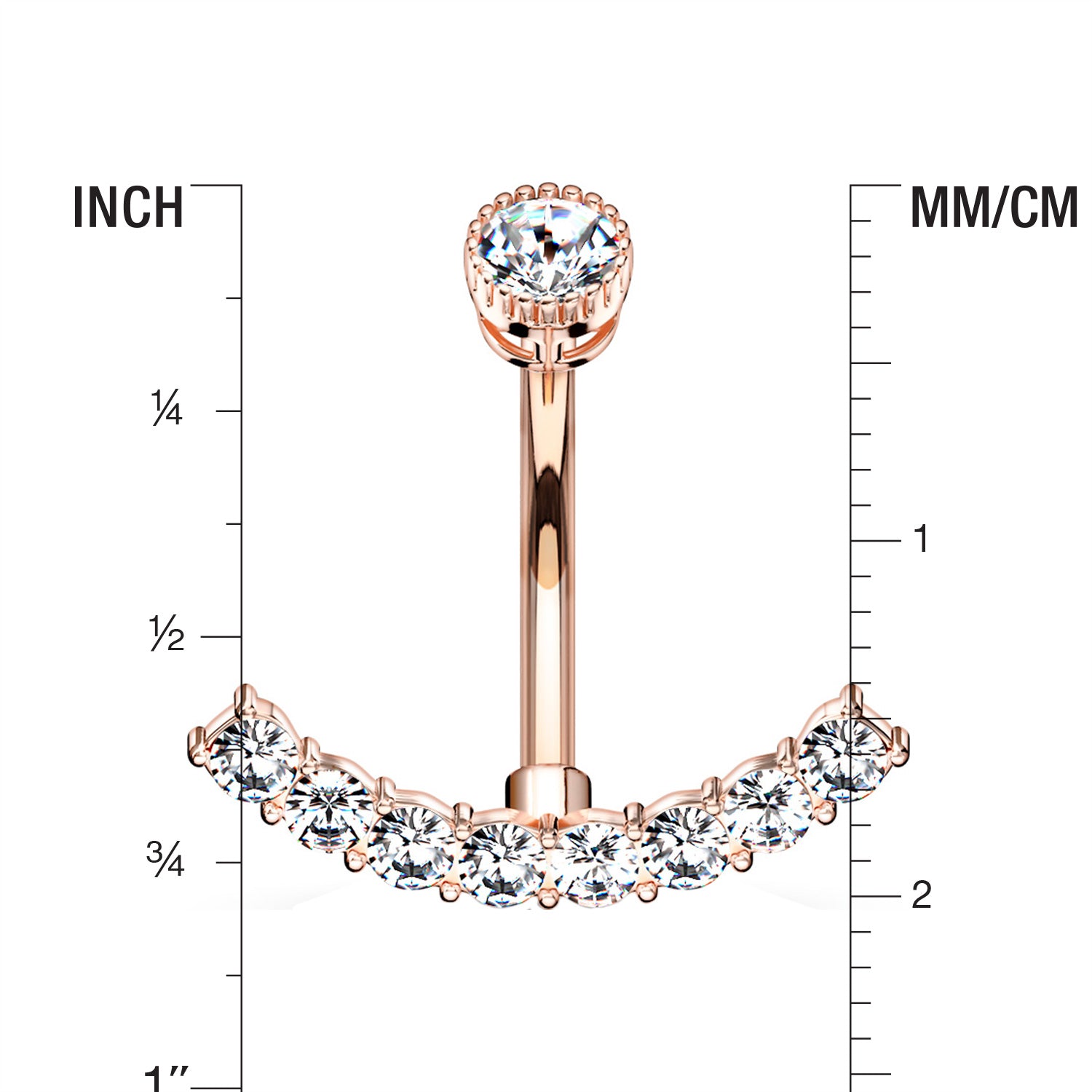 Detail View 1 of Rose Gold Curve Accent Sparkle Internally Threaded Belly Button Ring-Clear Gem
