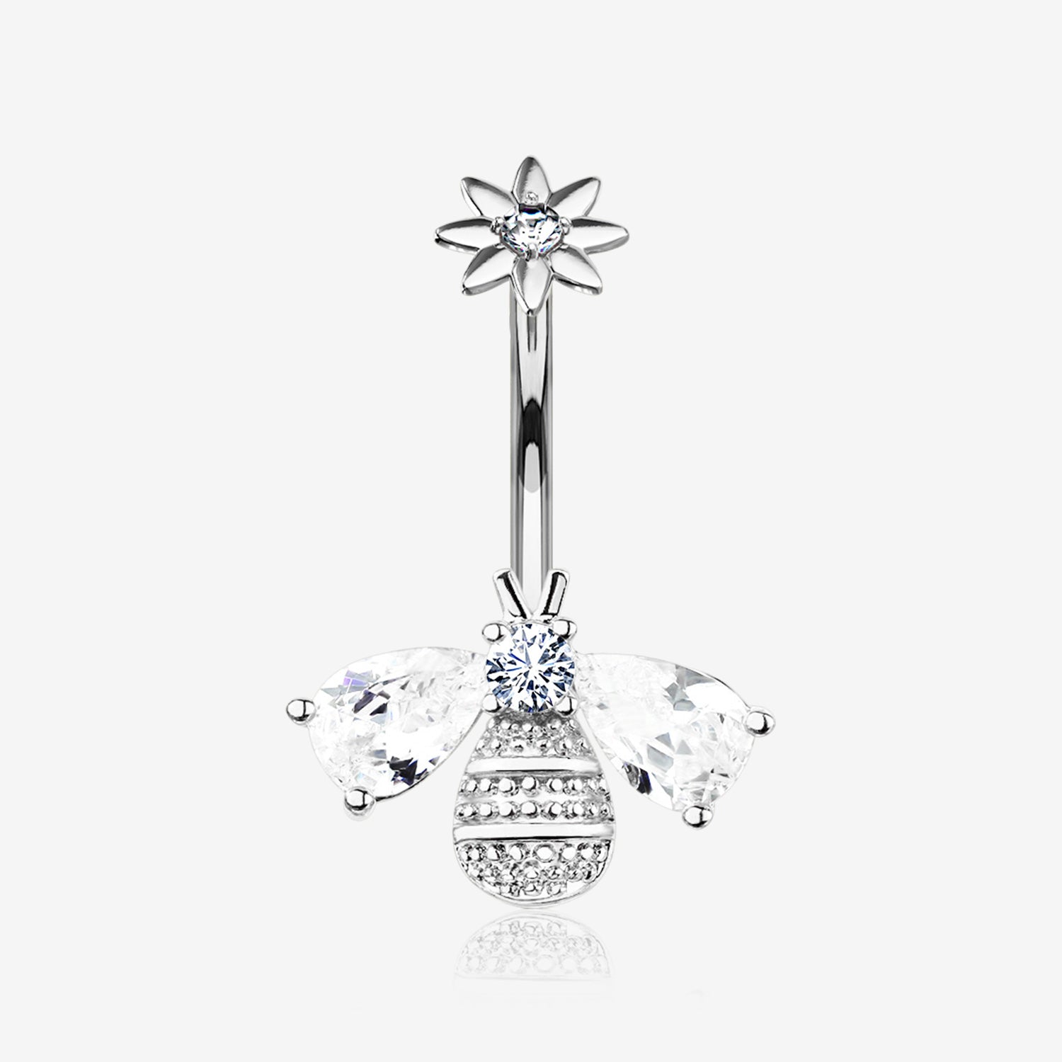 Flower Sparkle Honey Bee Internally Threaded Belly Button Ring-Clear Gem