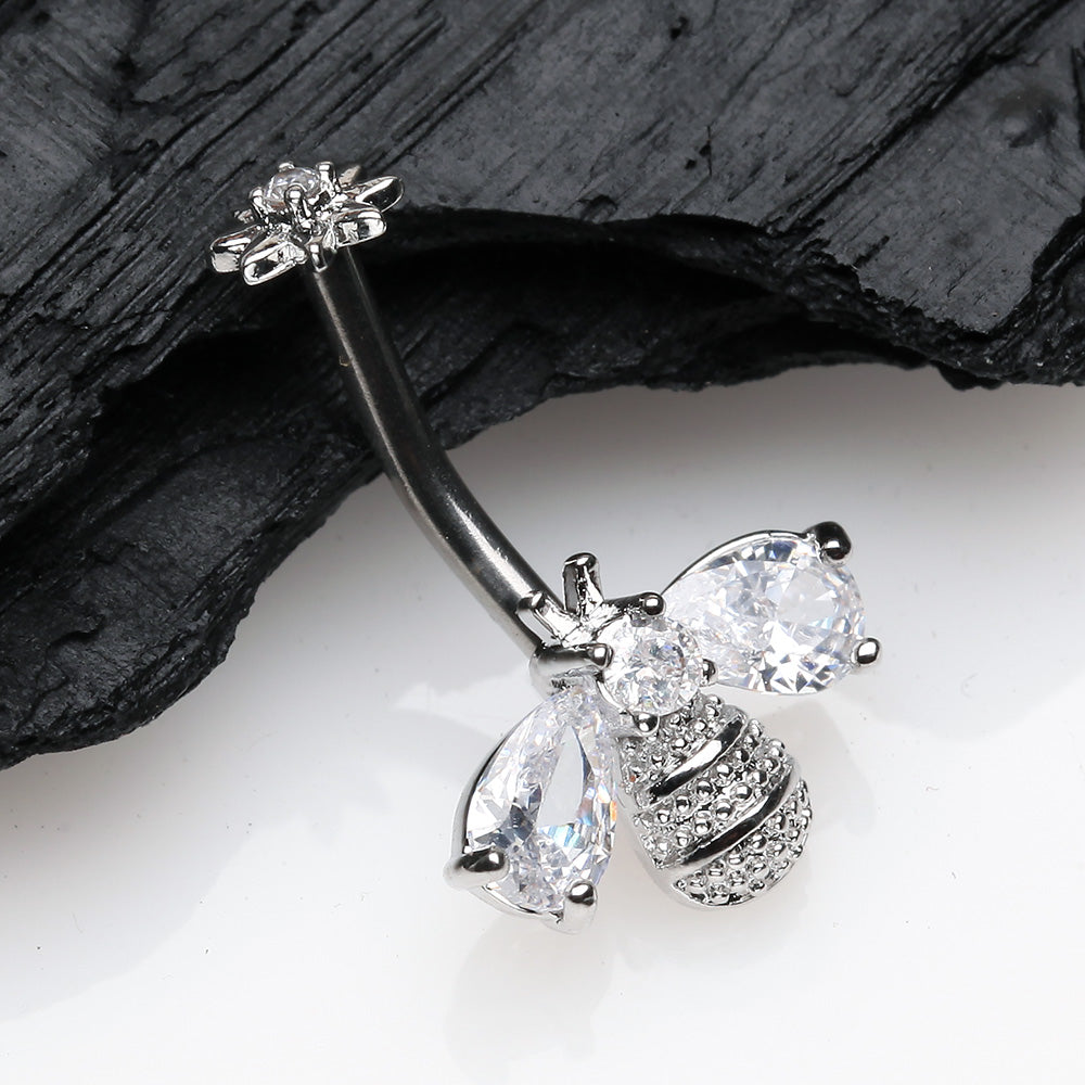 Detail View 2 of Flower Sparkle Honey Bee Internally Threaded Belly Button Ring-Clear Gem