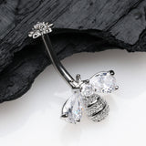 Detail View 2 of Flower Sparkle Honey Bee Internally Threaded Belly Button Ring-Clear Gem