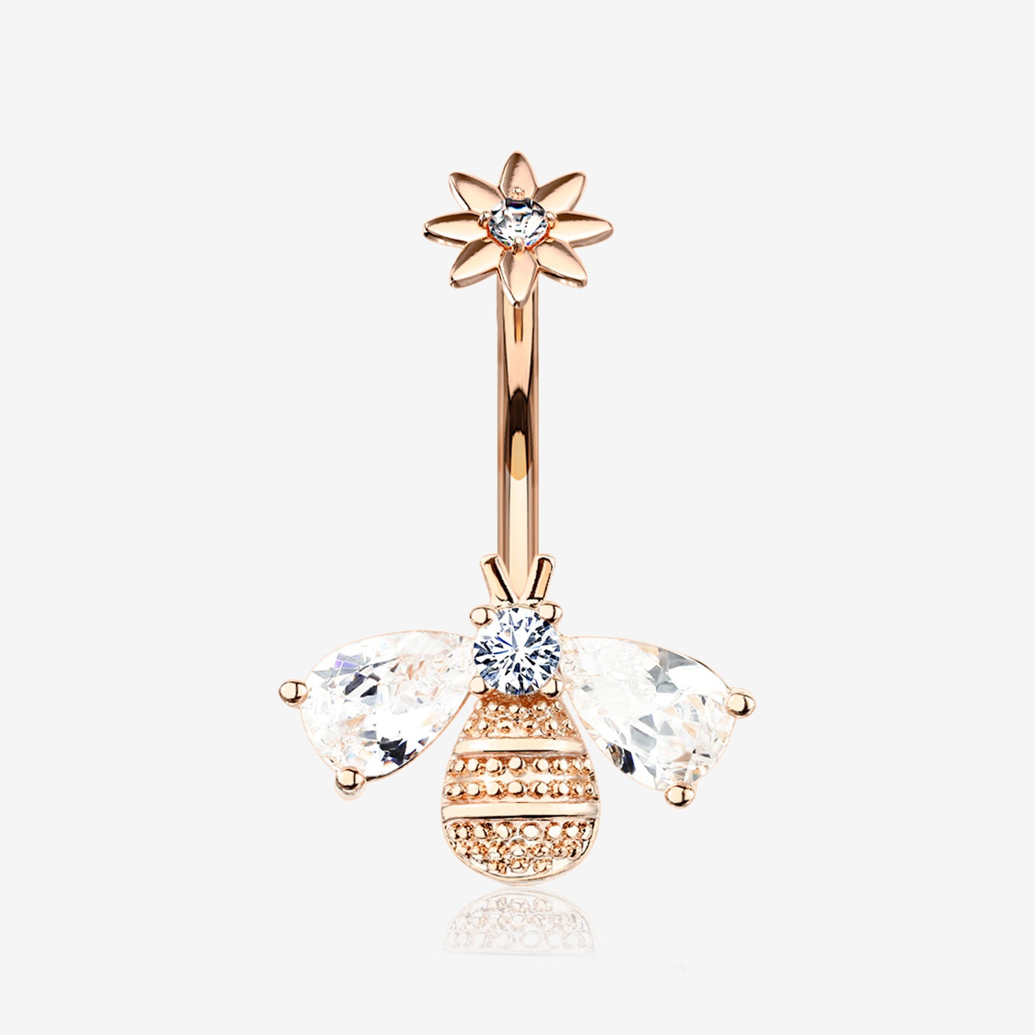 Rose Gold Flower Sparkle Honey Bee Internally Threaded Belly Button Ring-Clear Gem