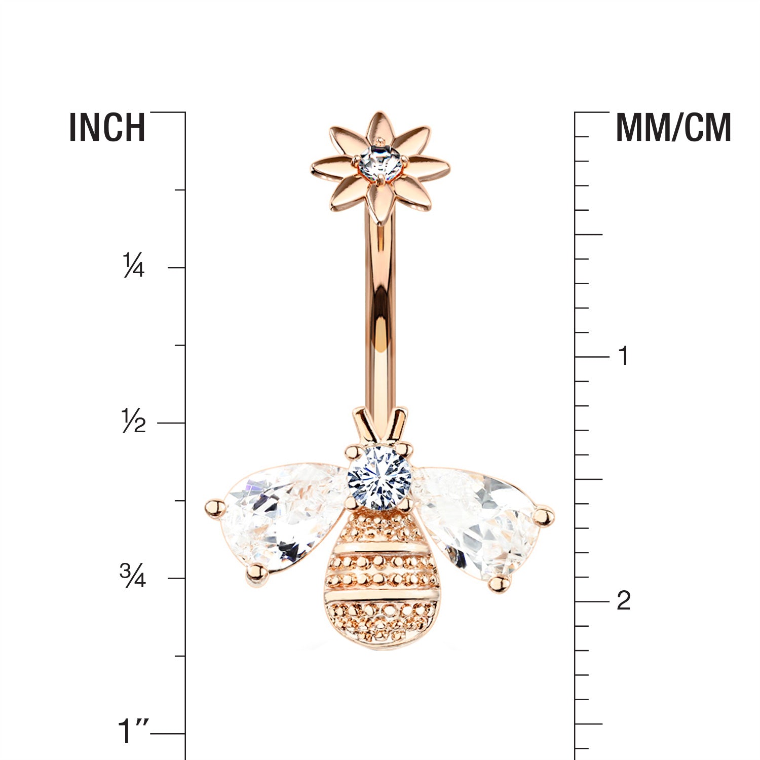 Detail View 1 of Rose Gold Flower Sparkle Honey Bee Internally Threaded Belly Button Ring-Clear Gem
