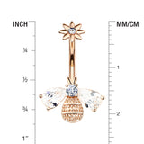 Detail View 1 of Rose Gold Flower Sparkle Honey Bee Internally Threaded Belly Button Ring-Clear Gem