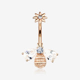 Rose Gold Flower Sparkle Honey Bee Internally Threaded Belly Button Ring-Clear Gem