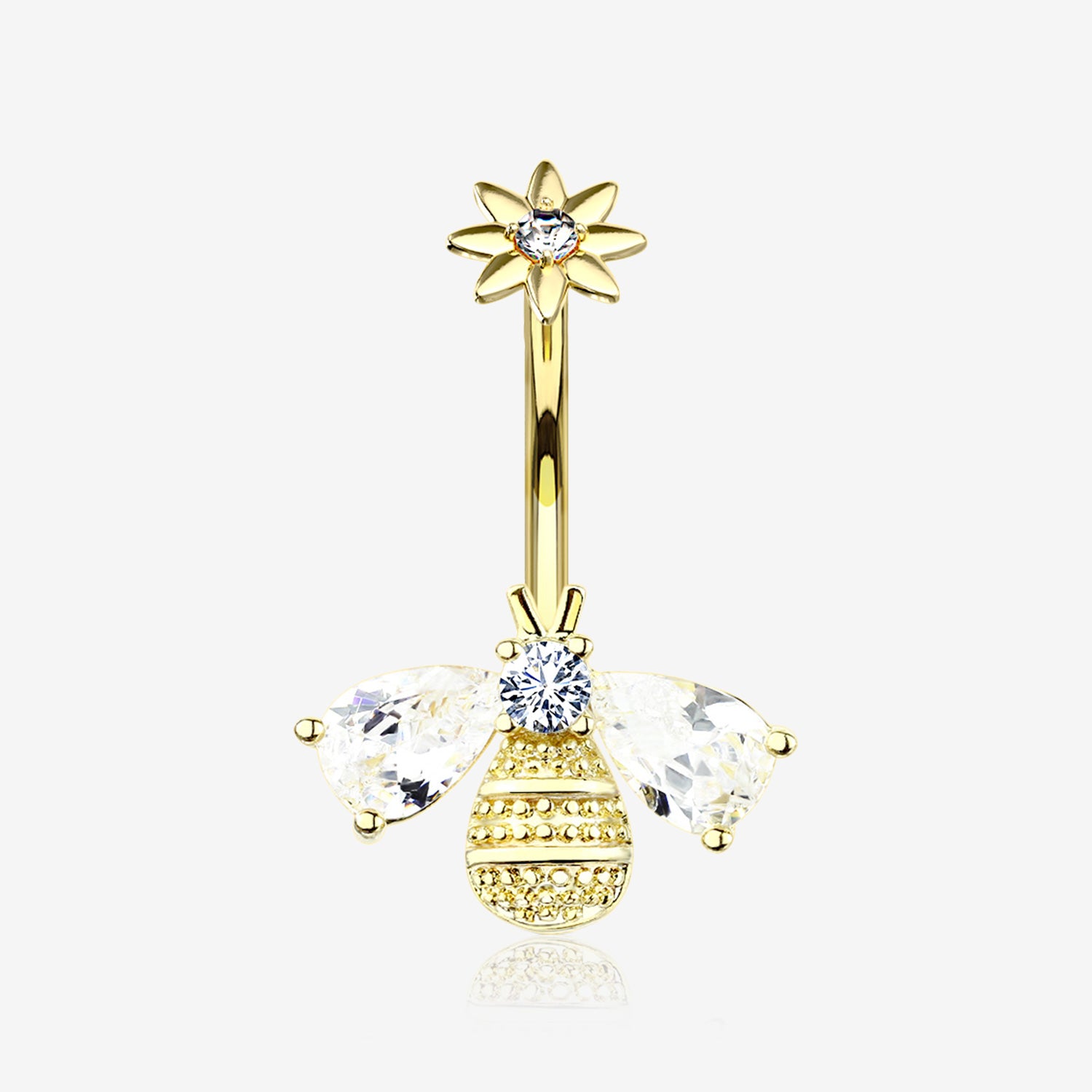 Golden Flower Sparkle Honey Bee Internally Threaded Belly Button Ring-Clear Gem
