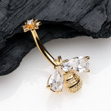 Detail View 2 of Golden Flower Sparkle Honey Bee Internally Threaded Belly Button Ring-Clear Gem
