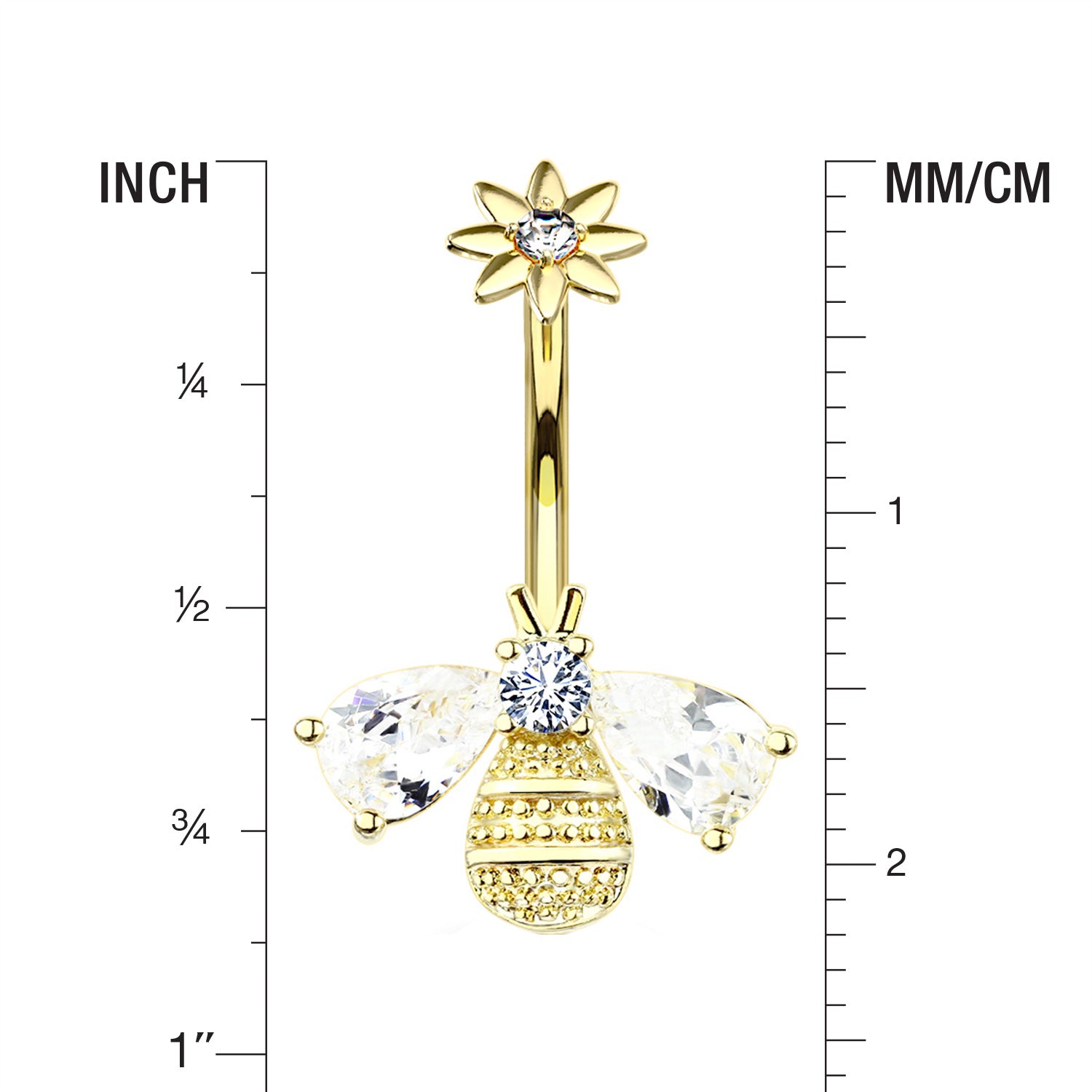 Detail View 1 of Golden Flower Sparkle Honey Bee Internally Threaded Belly Button Ring-Clear Gem