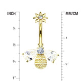 Detail View 1 of Golden Flower Sparkle Honey Bee Internally Threaded Belly Button Ring-Clear Gem