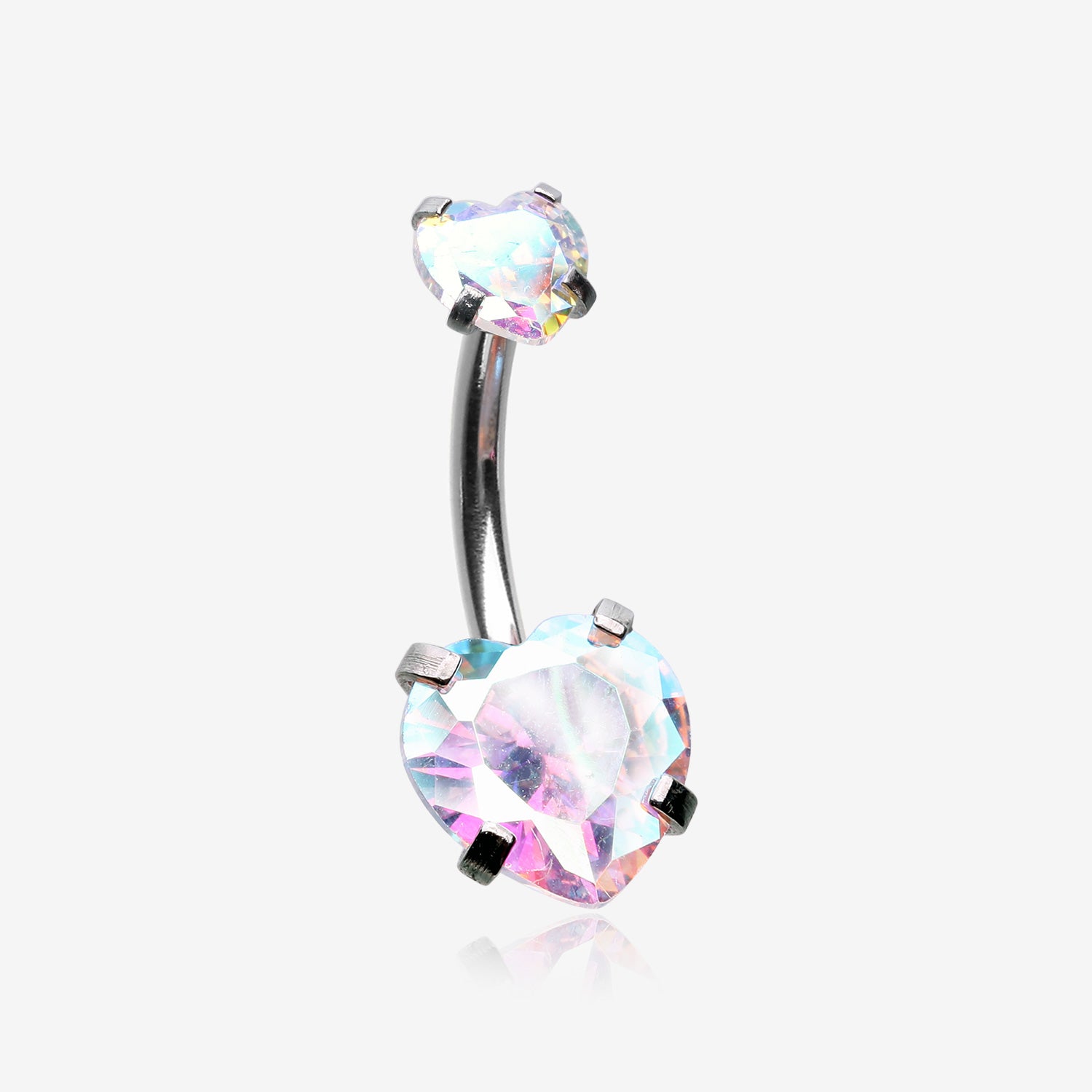 Double Heart Sparkle Prong Internally Threaded Belly Button Ring-Aurora Borealis