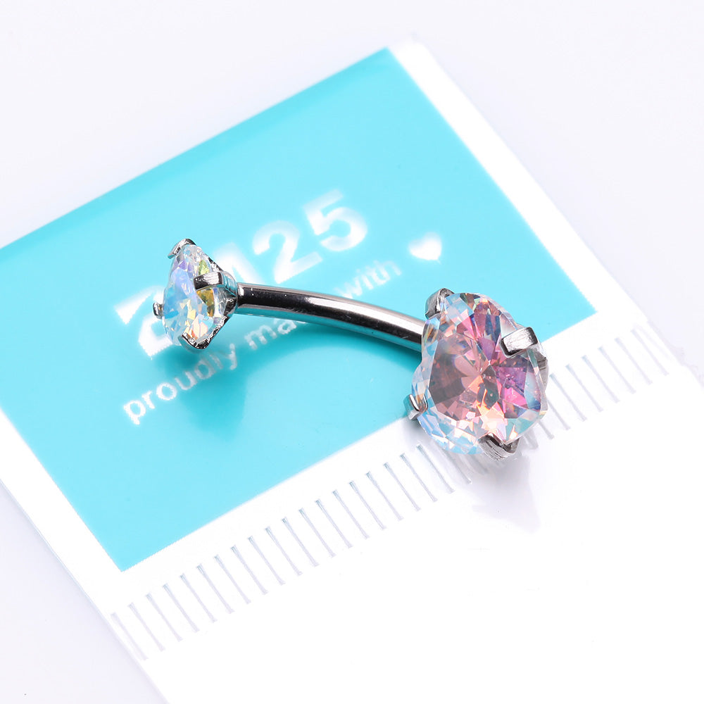 Detail View 4 of Double Heart Sparkle Prong Internally Threaded Belly Button Ring-Aurora Borealis