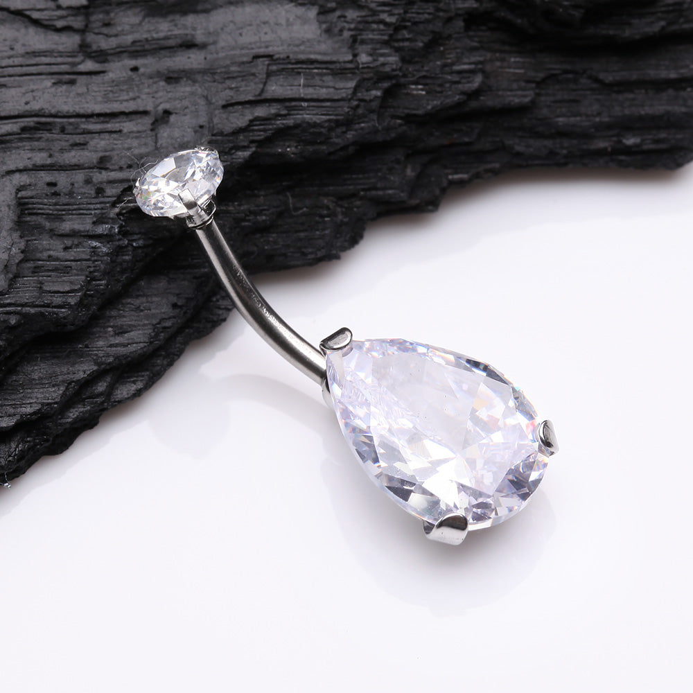 Detail View 2 of Brilliant Teardrop Sparkle Internally Threaded Steel Belly Ring-Clear Gem