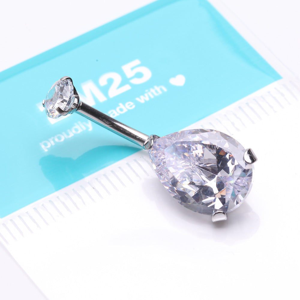 Detail View 3 of Brilliant Teardrop Sparkle Internally Threaded Steel Belly Ring-Clear Gem