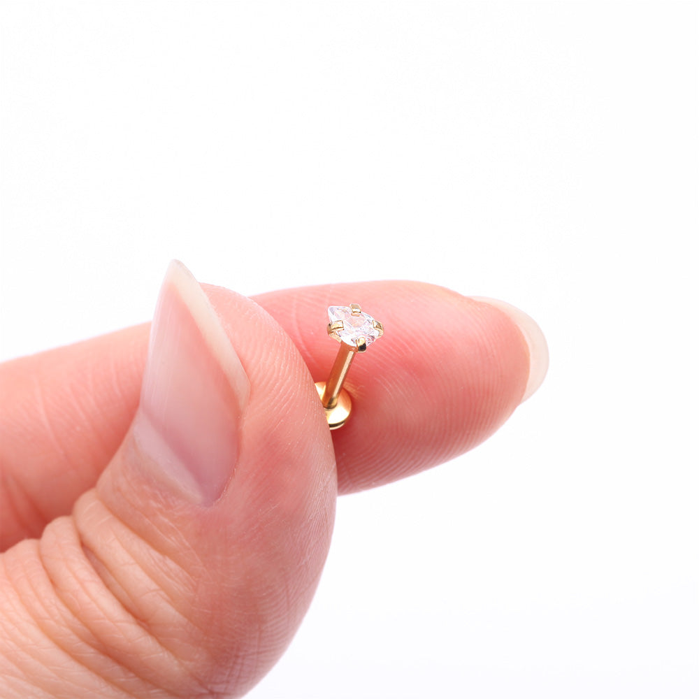 Detail View 2 of Golden Teardrop Prong Set Sparkle Top Internally Threaded Labret Flat Back Stud-Clear Gem