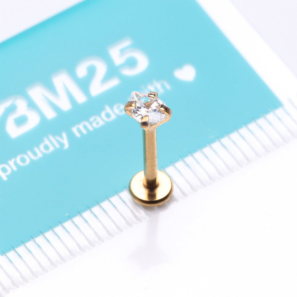 Detail View 3 of Golden Teardrop Prong Set Sparkle Top Internally Threaded Labret Flat Back Stud-Clear Gem