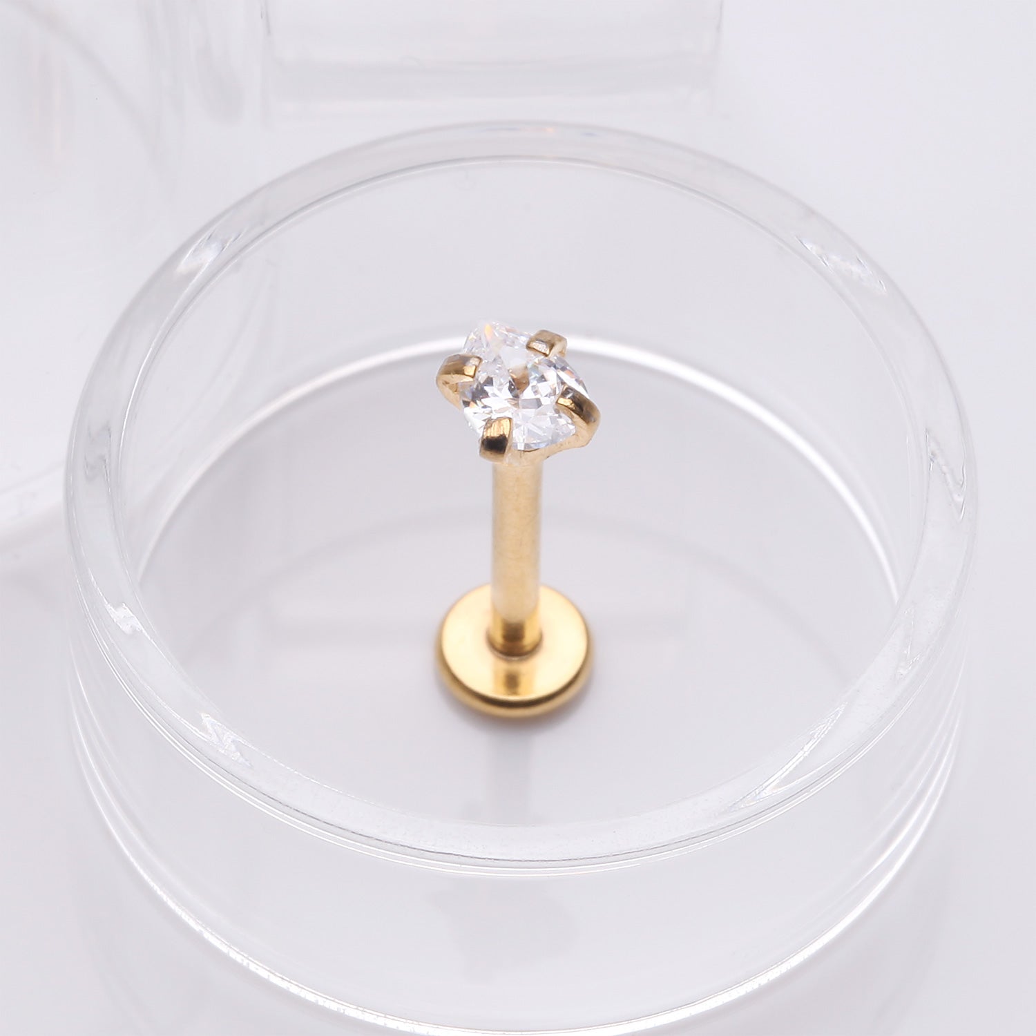 Detail View 1 of Golden Teardrop Prong Set Sparkle Top Internally Threaded Labret Flat Back Stud-Clear Gem