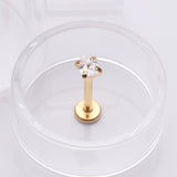 Detail View 1 of Golden Teardrop Prong Set Sparkle Top Internally Threaded Labret Flat Back Stud-Clear Gem