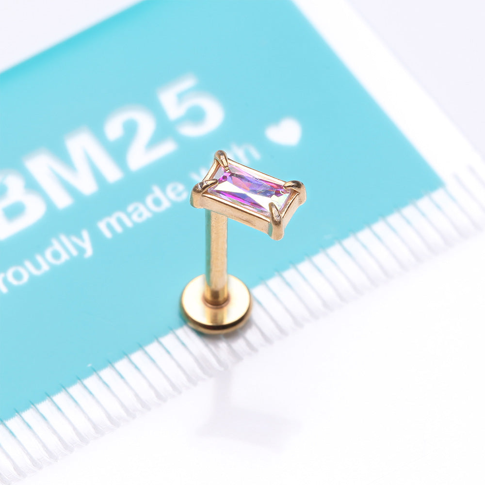 Detail View 3 of Golden Baguette Prong Set Sparkle Top Internally Threaded Labret Flat Back Stud-Aurora Borealis