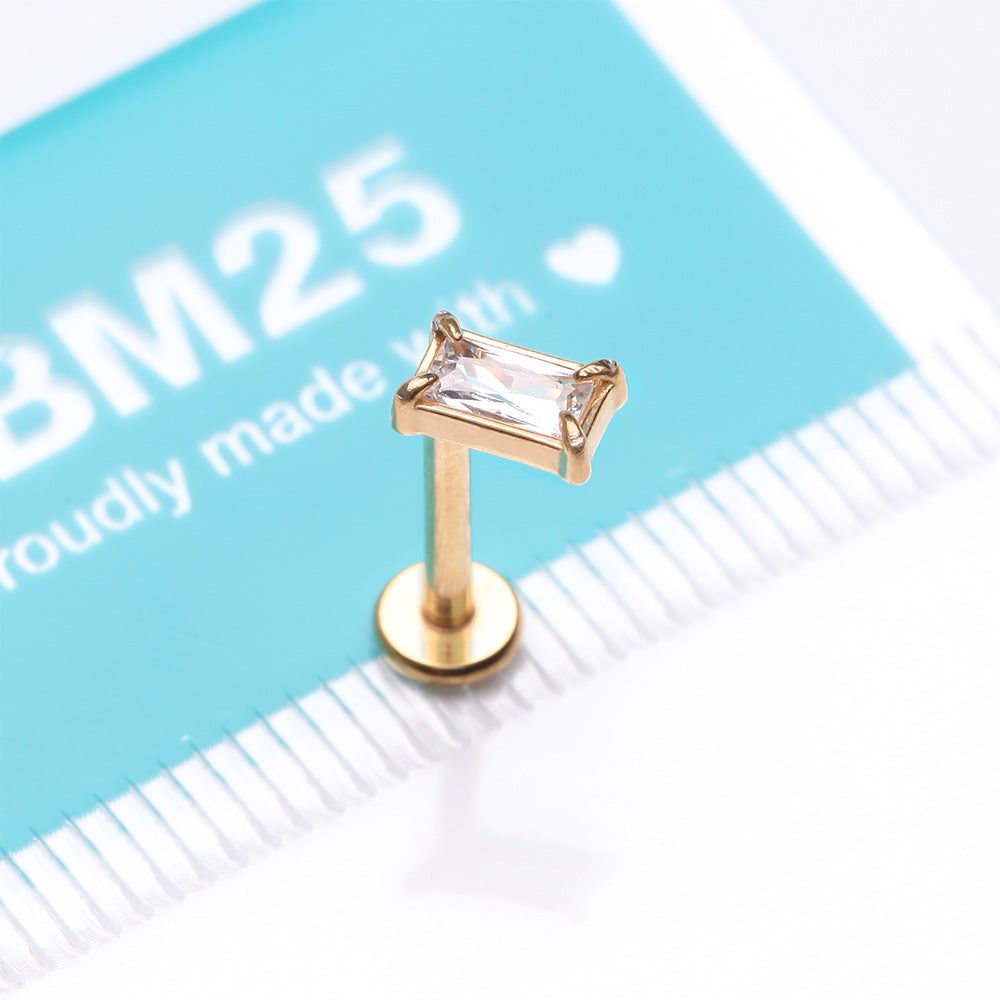 Detail View 3 of Golden Baguette Prong Set Sparkle Top Internally Threaded Labret Flat Back Stud-Clear Gem