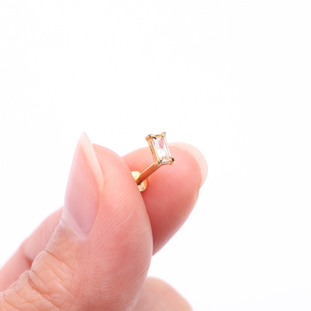 Detail View 2 of Golden Baguette Prong Set Sparkle Top Internally Threaded Labret Flat Back Stud-Clear Gem