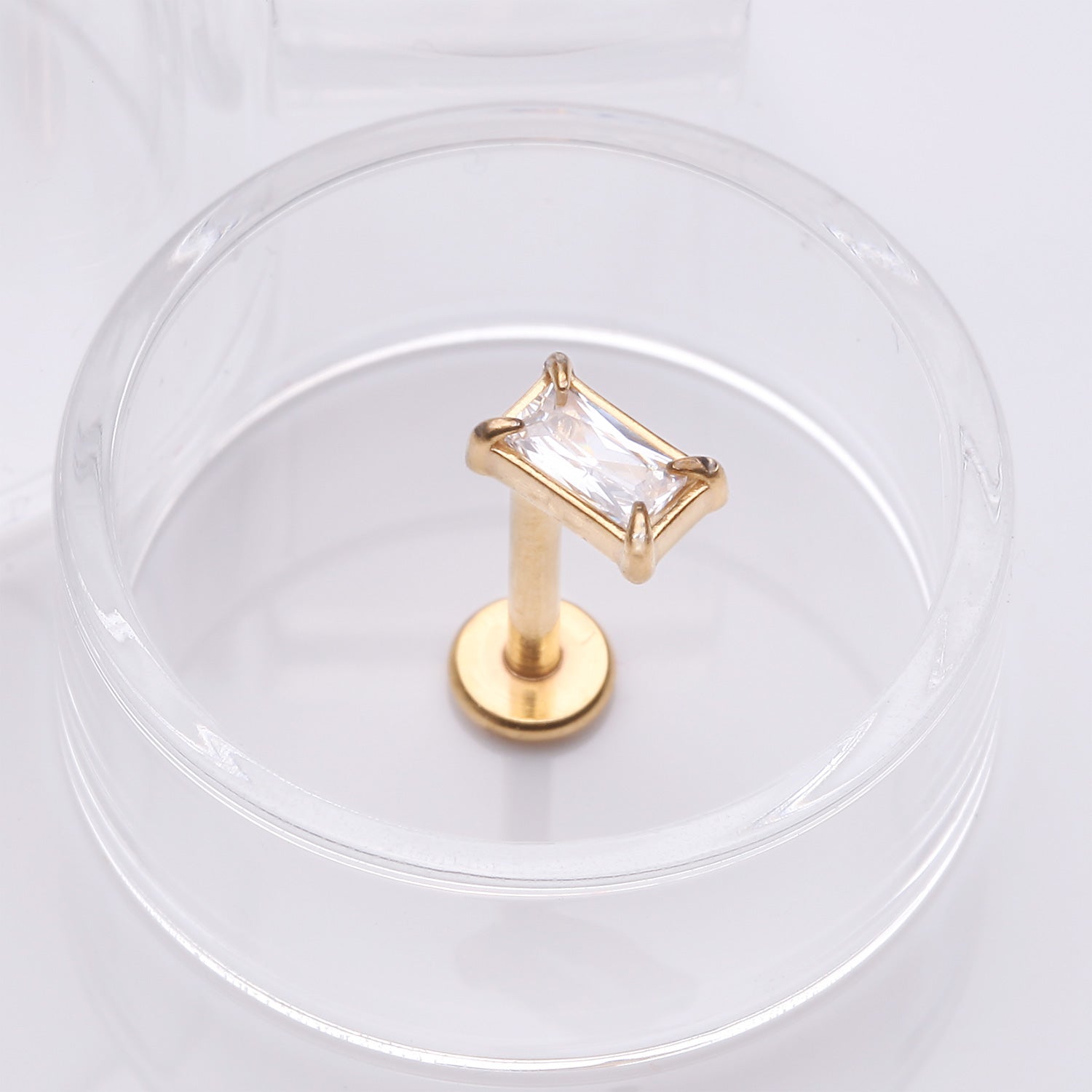 Detail View 1 of Golden Baguette Prong Set Sparkle Top Internally Threaded Labret Flat Back Stud-Clear Gem