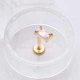 Detail View 1 of Golden Baguette Prong Set Sparkle Top Internally Threaded Labret Flat Back Stud-Clear Gem
