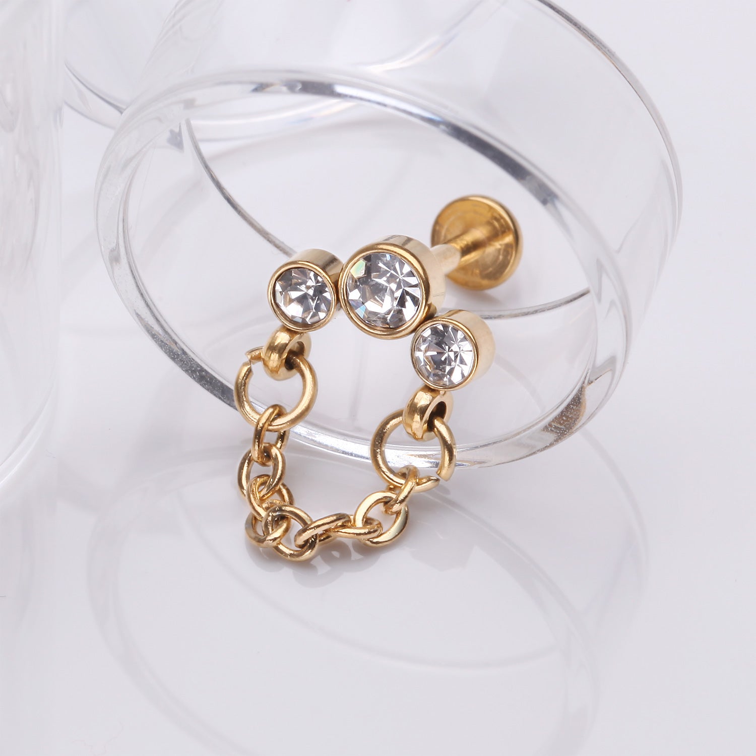 Detail View 1 of Golden Chained Sparkle Trio Gem Top Internally Threaded Labret Flat Back Stud-Clear Gem