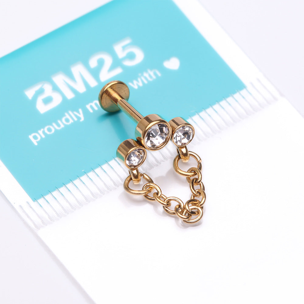 Detail View 3 of Golden Chained Sparkle Trio Gem Top Internally Threaded Labret Flat Back Stud-Clear Gem