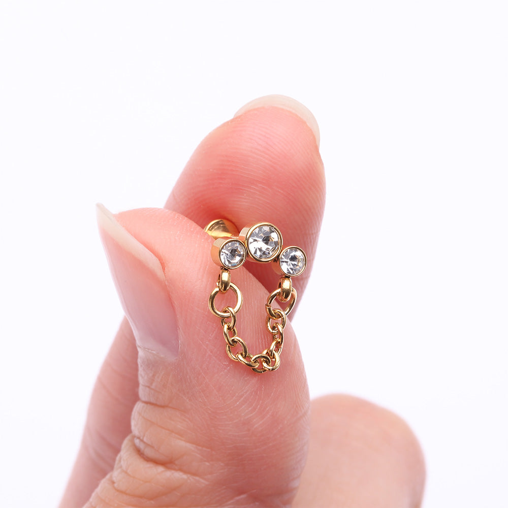 Detail View 2 of Golden Chained Sparkle Trio Gem Top Internally Threaded Labret Flat Back Stud-Clear Gem
