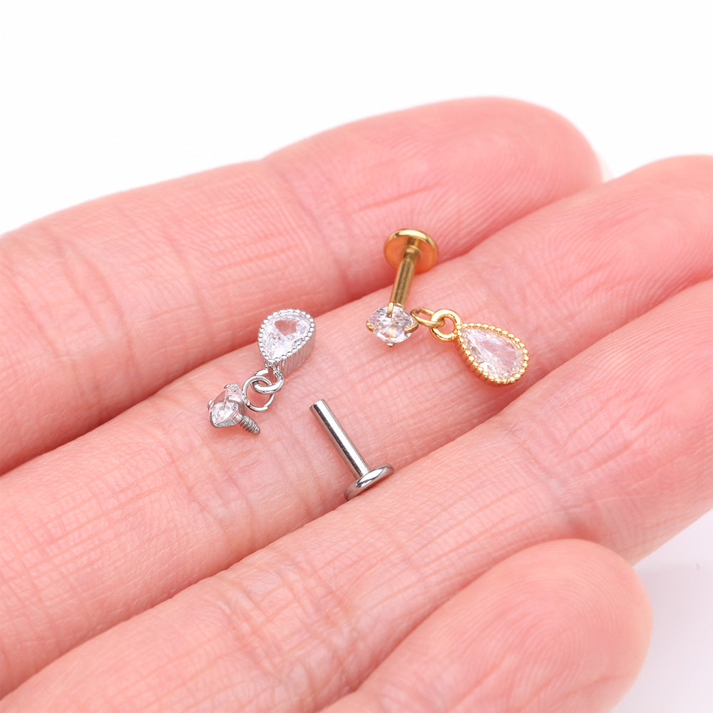 Detail View 3 of Golden Sparkle Teardrop Dangle Internally Threaded Labret Flat Back Stud-Clear Gem