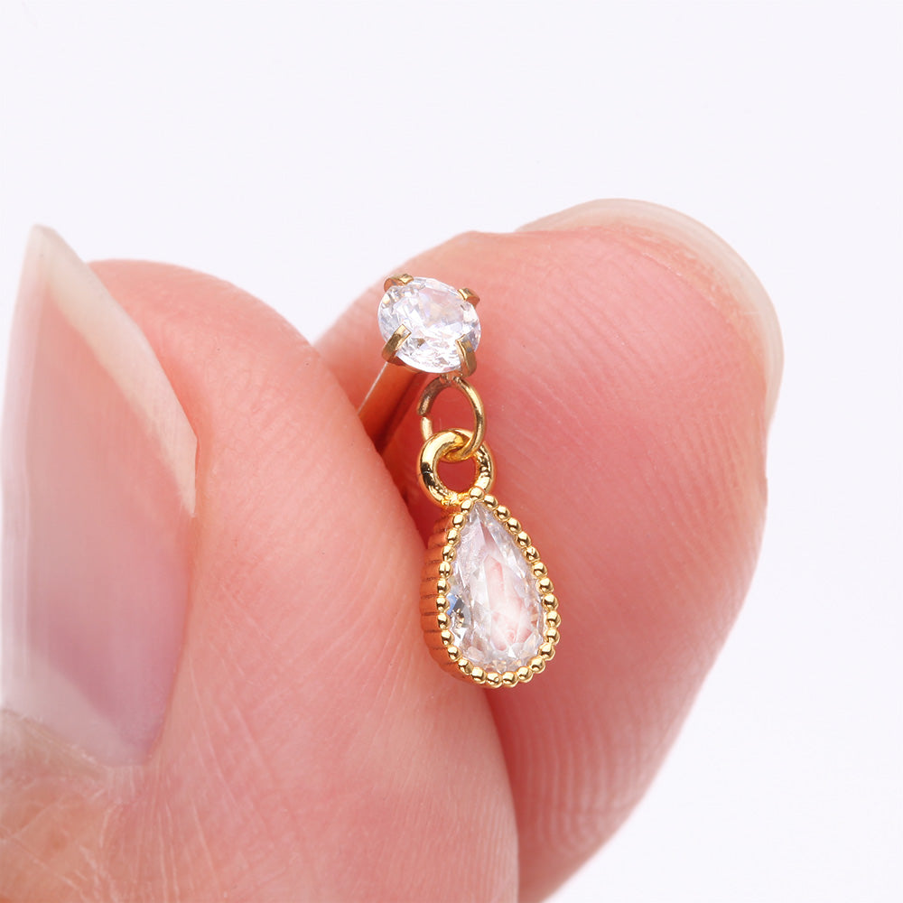 Detail View 2 of Golden Sparkle Teardrop Dangle Internally Threaded Labret Flat Back Stud-Clear Gem
