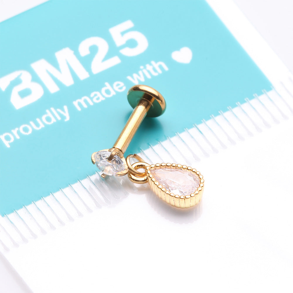 Detail View 4 of Golden Sparkle Teardrop Dangle Internally Threaded Labret Flat Back Stud-Clear Gem