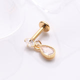 Detail View 1 of Golden Sparkle Teardrop Dangle Internally Threaded Labret Flat Back Stud-Clear Gem