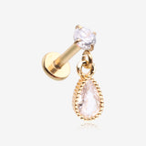 Golden Sparkle Teardrop Dangle Internally Threaded Labret Flat Back Stud