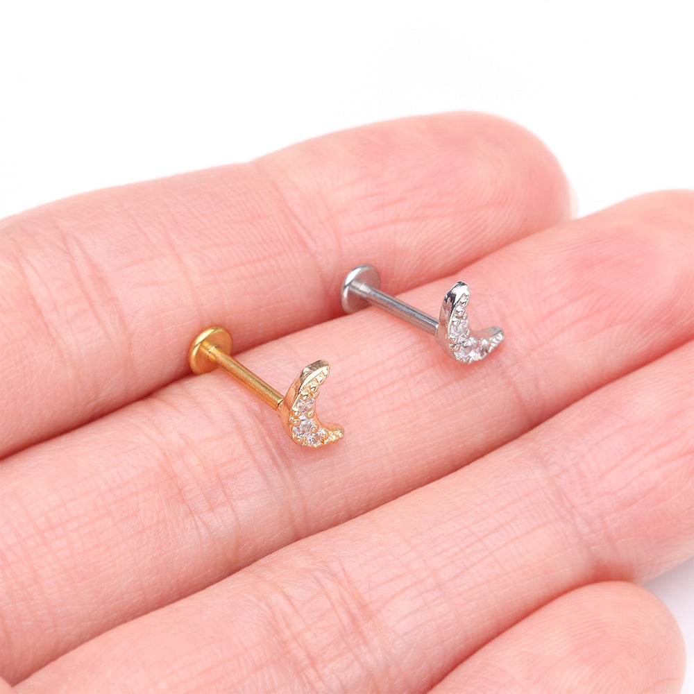 Detail View 3 of Golden Crescent Moon Sparkle Pave Multi-Gem Internally Threaded Flat Back Stud Labret-Clear Gem