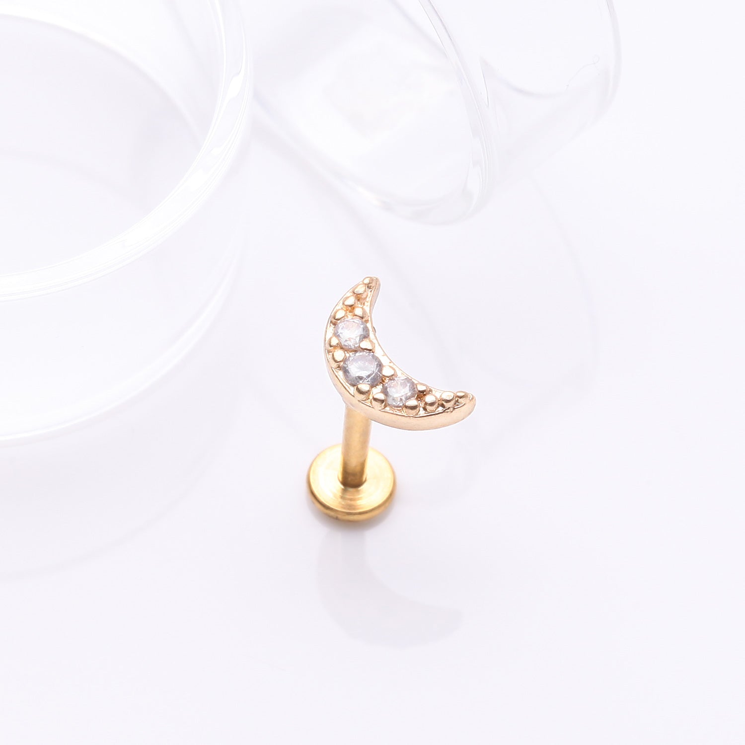 Detail View 1 of Golden Crescent Moon Sparkle Pave Multi-Gem Internally Threaded Flat Back Stud Labret-Clear Gem