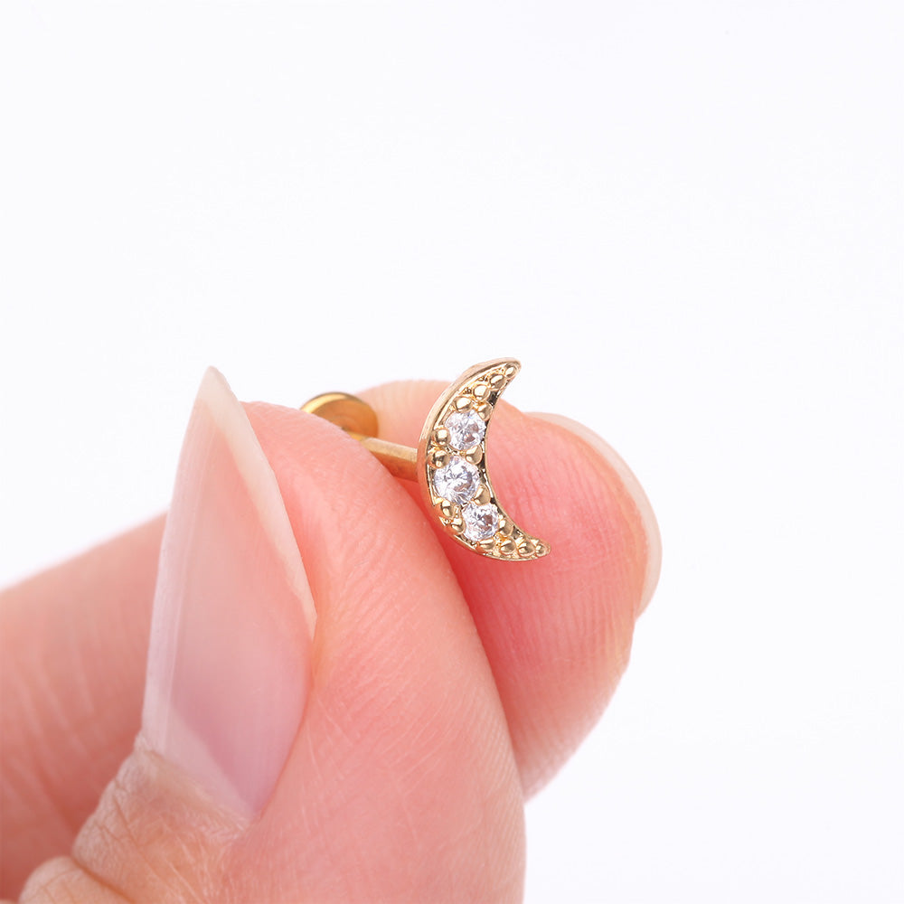 Detail View 2 of Golden Crescent Moon Sparkle Pave Multi-Gem Internally Threaded Flat Back Stud Labret-Clear Gem