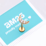 Detail View 4 of Golden Crescent Moon Sparkle Pave Multi-Gem Internally Threaded Flat Back Stud Labret-Clear Gem