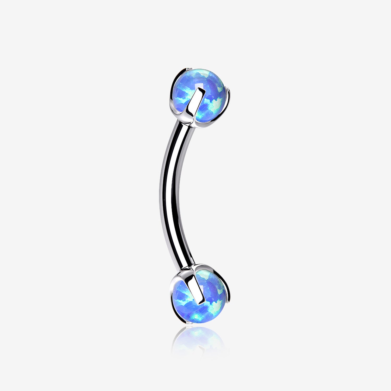Fire Opal Claw Prong Set Sparkle Internally Threaded Curved Barbell-Blue Opal