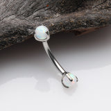 Detail View 1 of Fire Opal Claw Prong Set Sparkle Internally Threaded Curved Barbell-White Opal