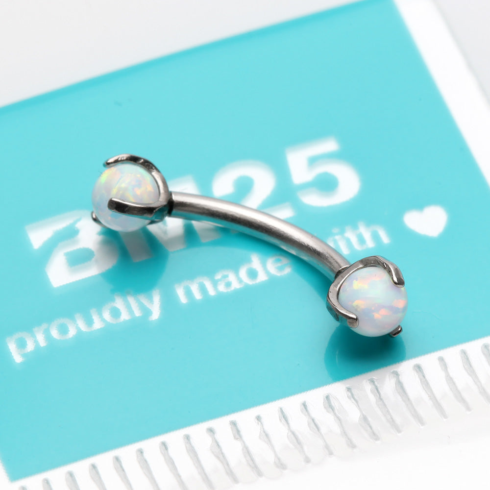 Detail View 2 of Fire Opal Claw Prong Set Sparkle Internally Threaded Curved Barbell-White Opal