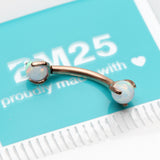 Detail View 2 of Rose Gold Fire Opal Claw Prong Set Sparkle Internally Threaded Curved Barbell-White Opal