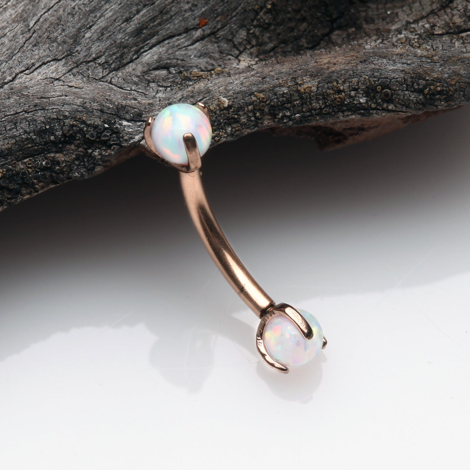 Detail View 1 of Rose Gold Fire Opal Claw Prong Set Sparkle Internally Threaded Curved Barbell-White Opal
