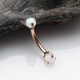 Detail View 1 of Rose Gold Fire Opal Claw Prong Set Sparkle Internally Threaded Curved Barbell-White Opal