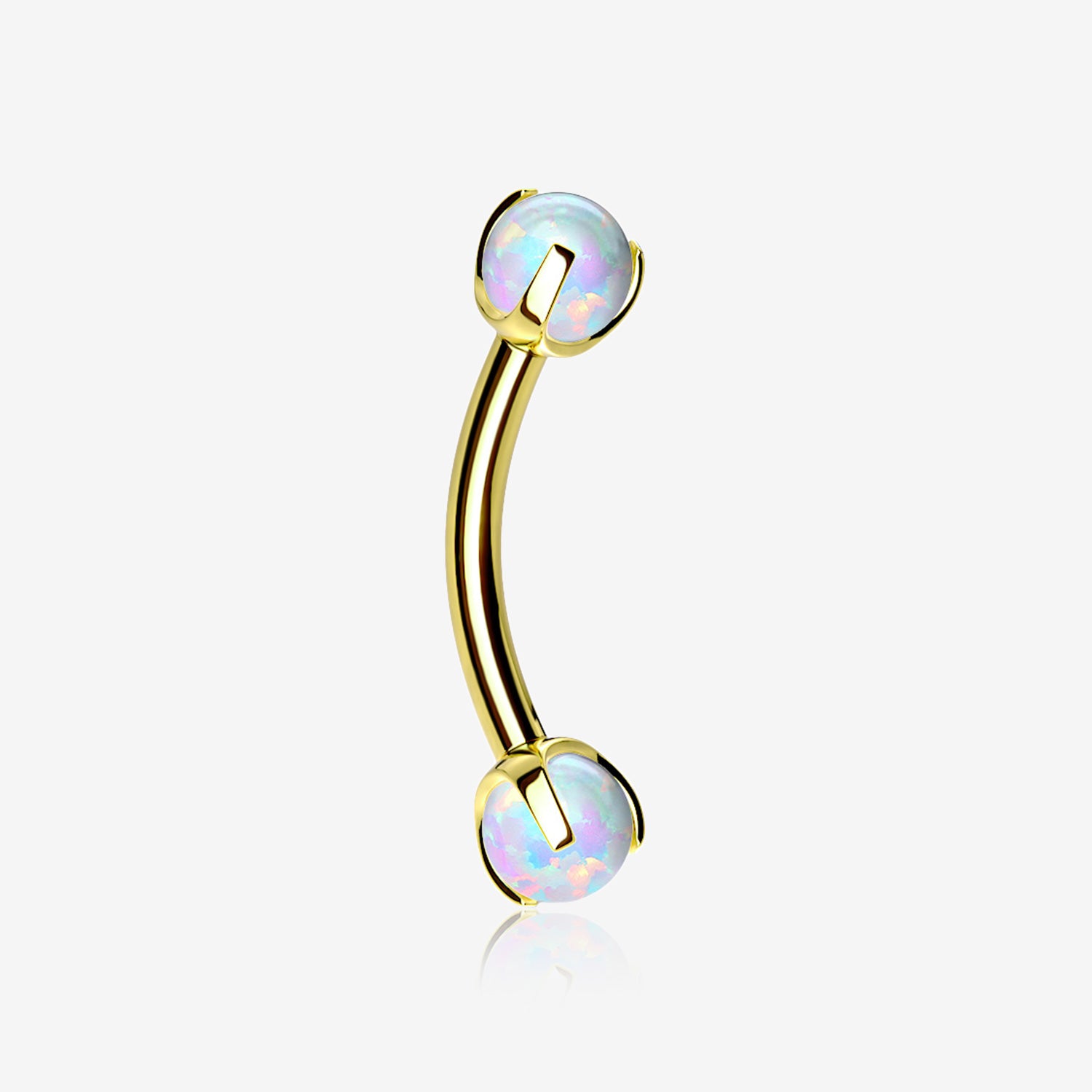 Golden Fire Opal Claw Prong Set Sparkle Internally Threaded Curved Barbell-White Opal