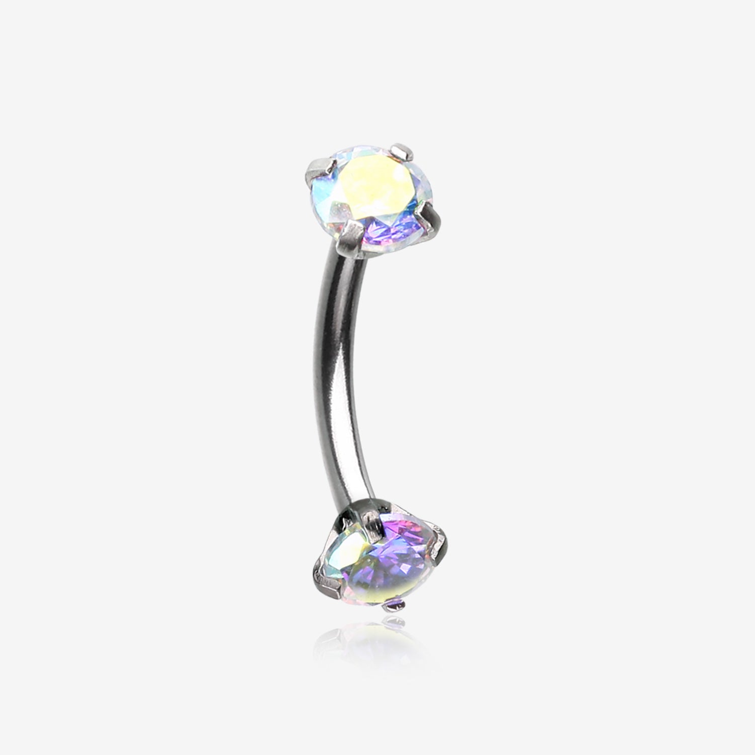 Prong Set Gem Sparkles Internally Threaded Curved Barbell-Aurora Borealis