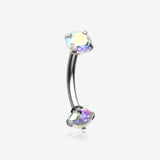 Prong Set Gem Sparkles Internally Threaded Curved Barbell-Aurora Borealis