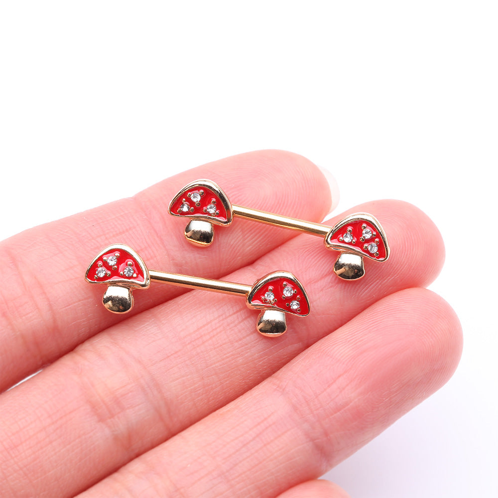 Detail View 2 of A Pair of Golden Poison Red Mushroom Sparkle Nipple Barbell