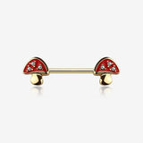A Pair of Golden Poison Red Mushroom Sparkle Nipple Barbell