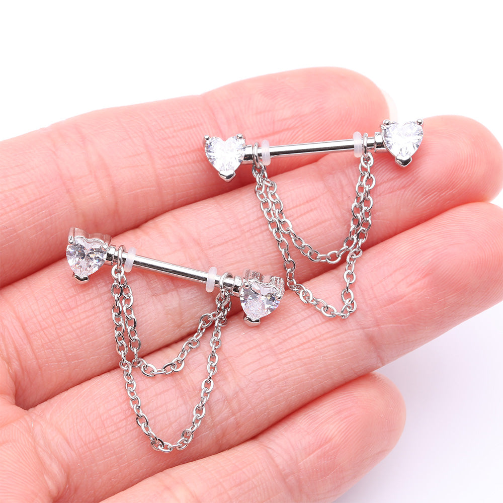 Detail View 2 of A Pair of Heart Gem Sparkle Double Chained Nipple Barbell-Clear Gem
