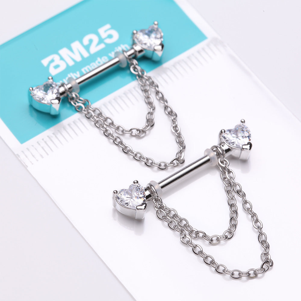 Detail View 3 of A Pair of Heart Gem Sparkle Double Chained Nipple Barbell-Clear Gem